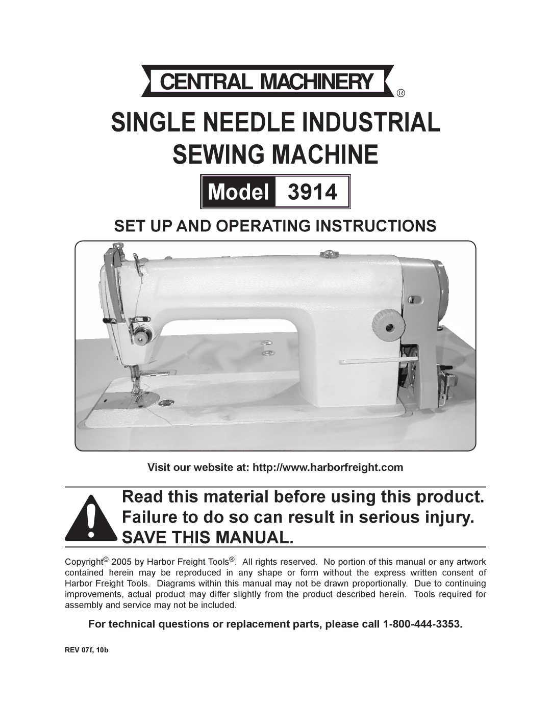 Harbor Freight Tools 3914 operating instructions Single needle industrial Sewing Machine 