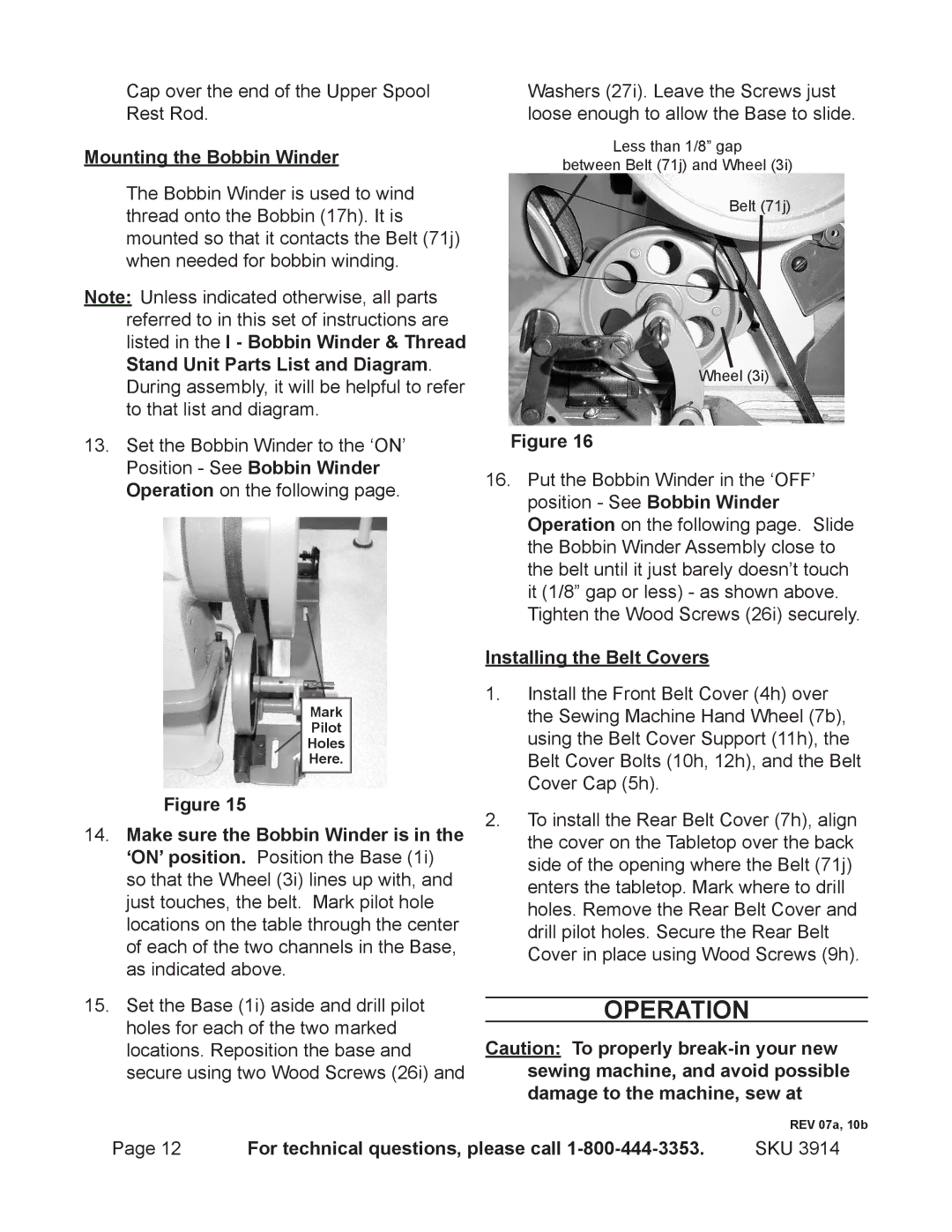 Harbor Freight Tools 3914 operating instructions Operation, Mounting the Bobbin Winder, Installing the Belt Covers 