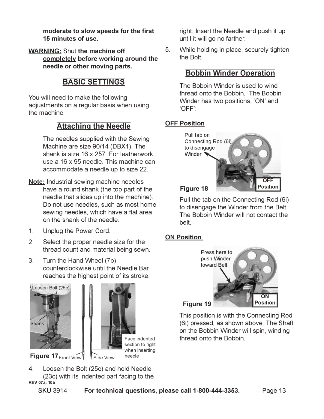 Harbor Freight Tools 3914 operating instructions Attaching the Needle, Bobbin Winder Operation, OFF Position, On Position 