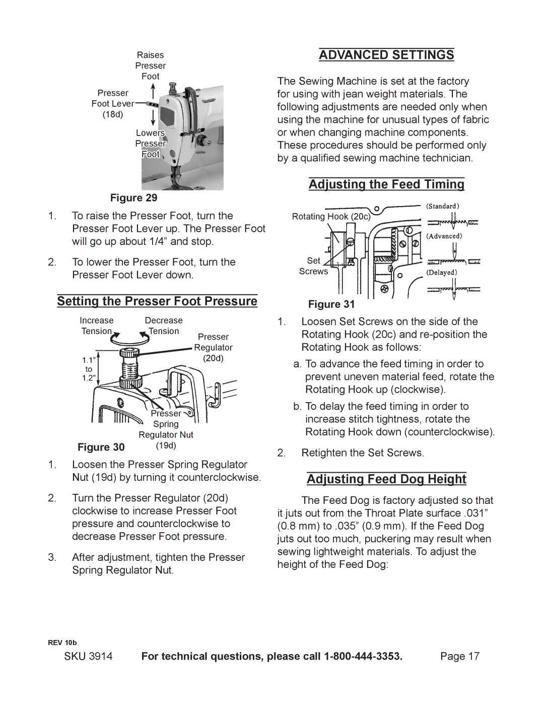 Harbor Freight Tools 3914 Setting the Presser Foot Pressure, Adjusting the Feed Timing, Adjusting Feed Dog Height 