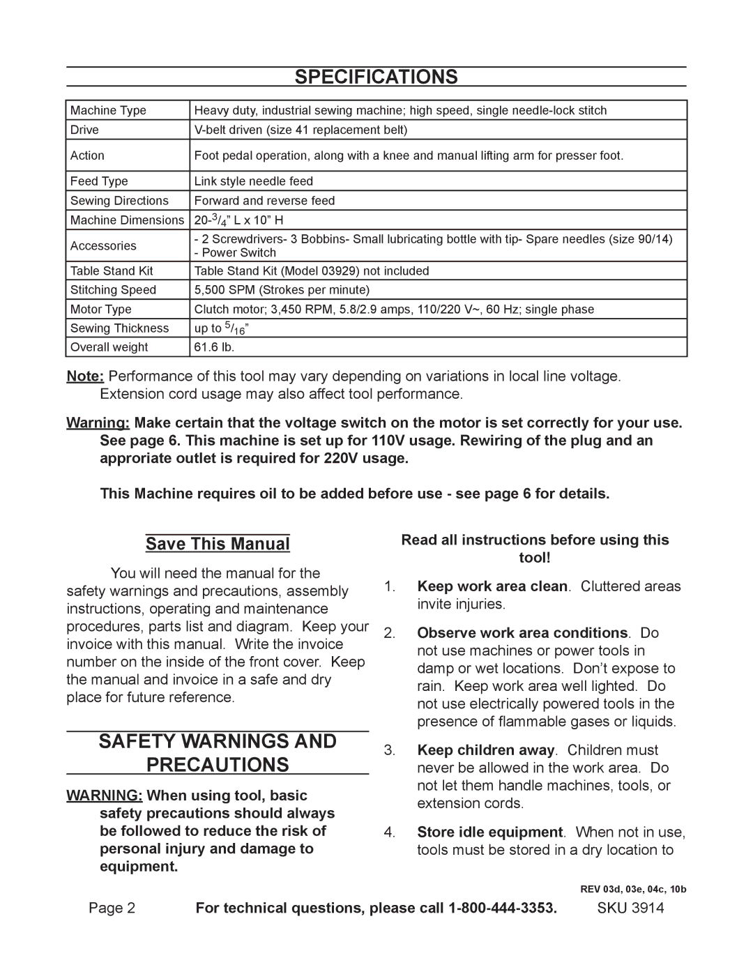 Harbor Freight Tools 3914 operating instructions Specifications, Safety Warnings Precautions, Save This Manual 