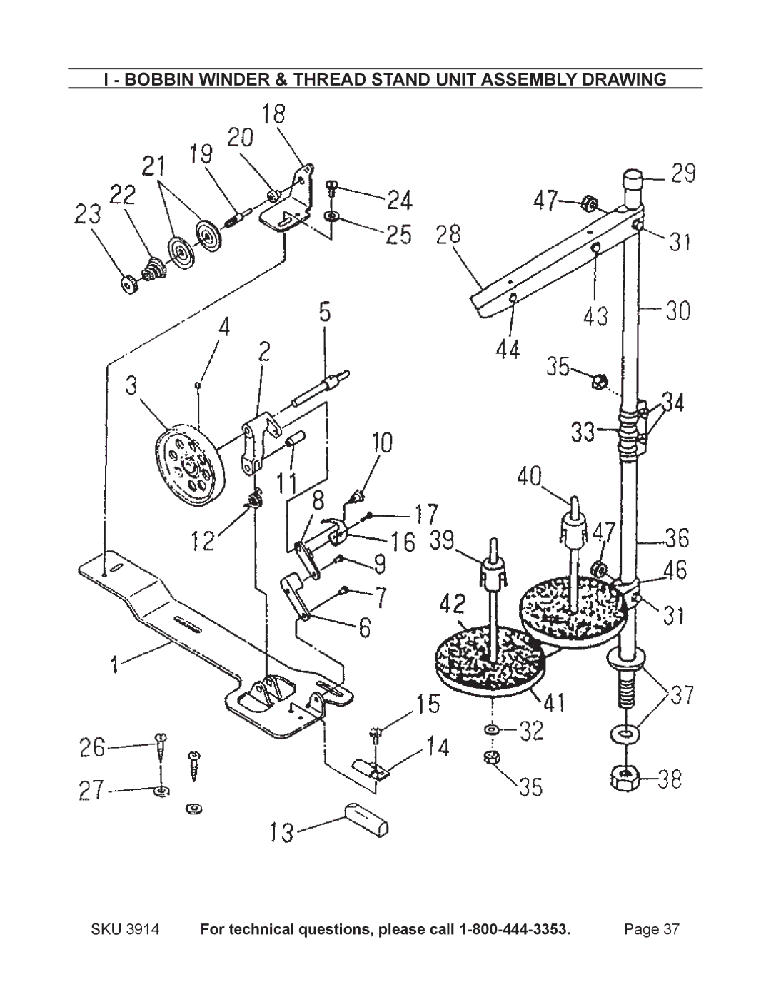 Harbor Freight Tools 3914 operating instructions Bobbin Winder & Thread Stand Unit Assembly Drawing 