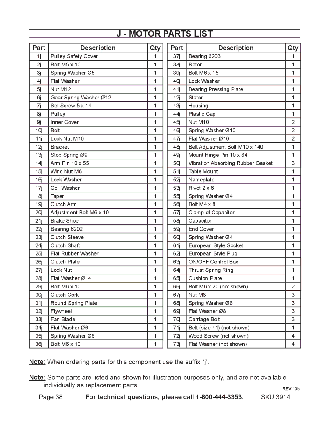 Harbor Freight Tools 3914 operating instructions Motor Parts List 