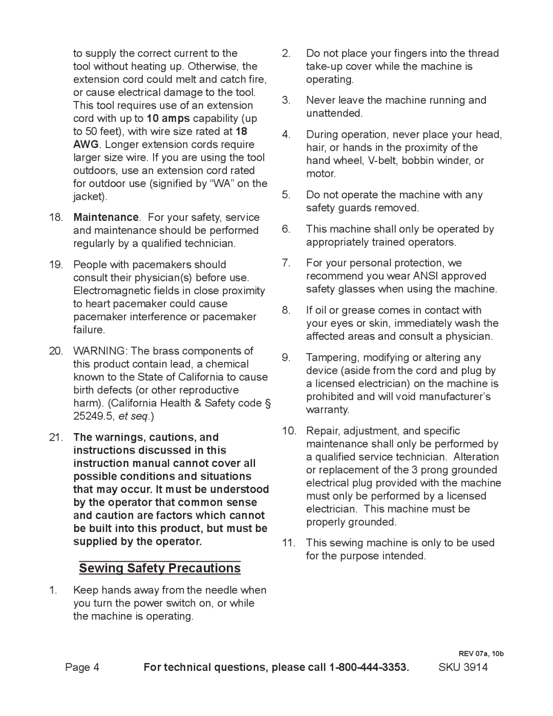 Harbor Freight Tools 3914 operating instructions Sewing Safety Precautions 