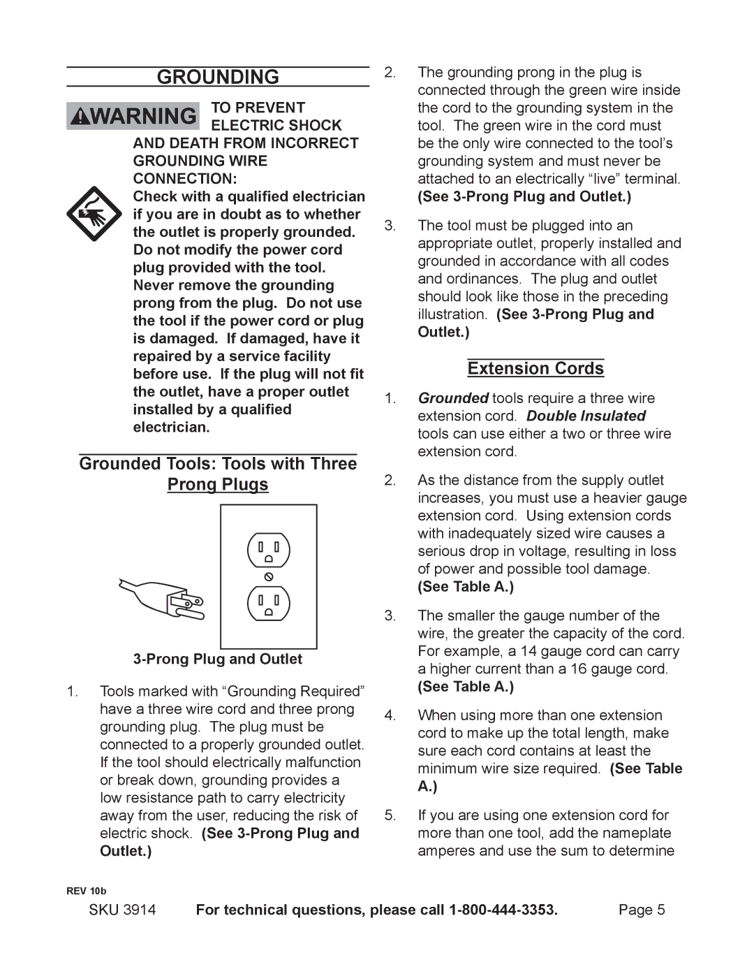 Harbor Freight Tools 3914 operating instructions Grounding, Grounded Tools Tools with Three Prong Plugs, Extension Cords 