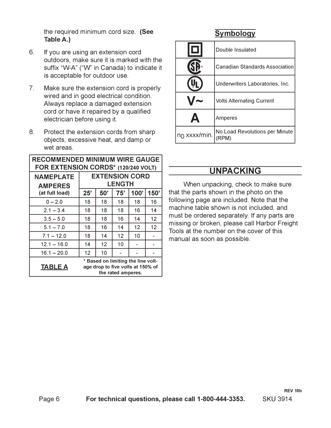 Harbor Freight Tools 3914 operating instructions Unpacking, Table a, 25’ 50’ 75’ 100’ 150’ 