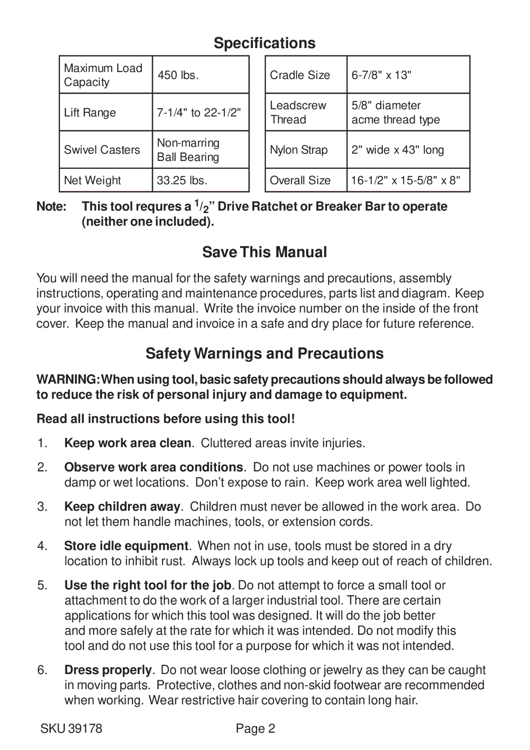 Harbor Freight Tools 39178 operating instructions Specifications, Save This Manual, Safety Warnings and Precautions 