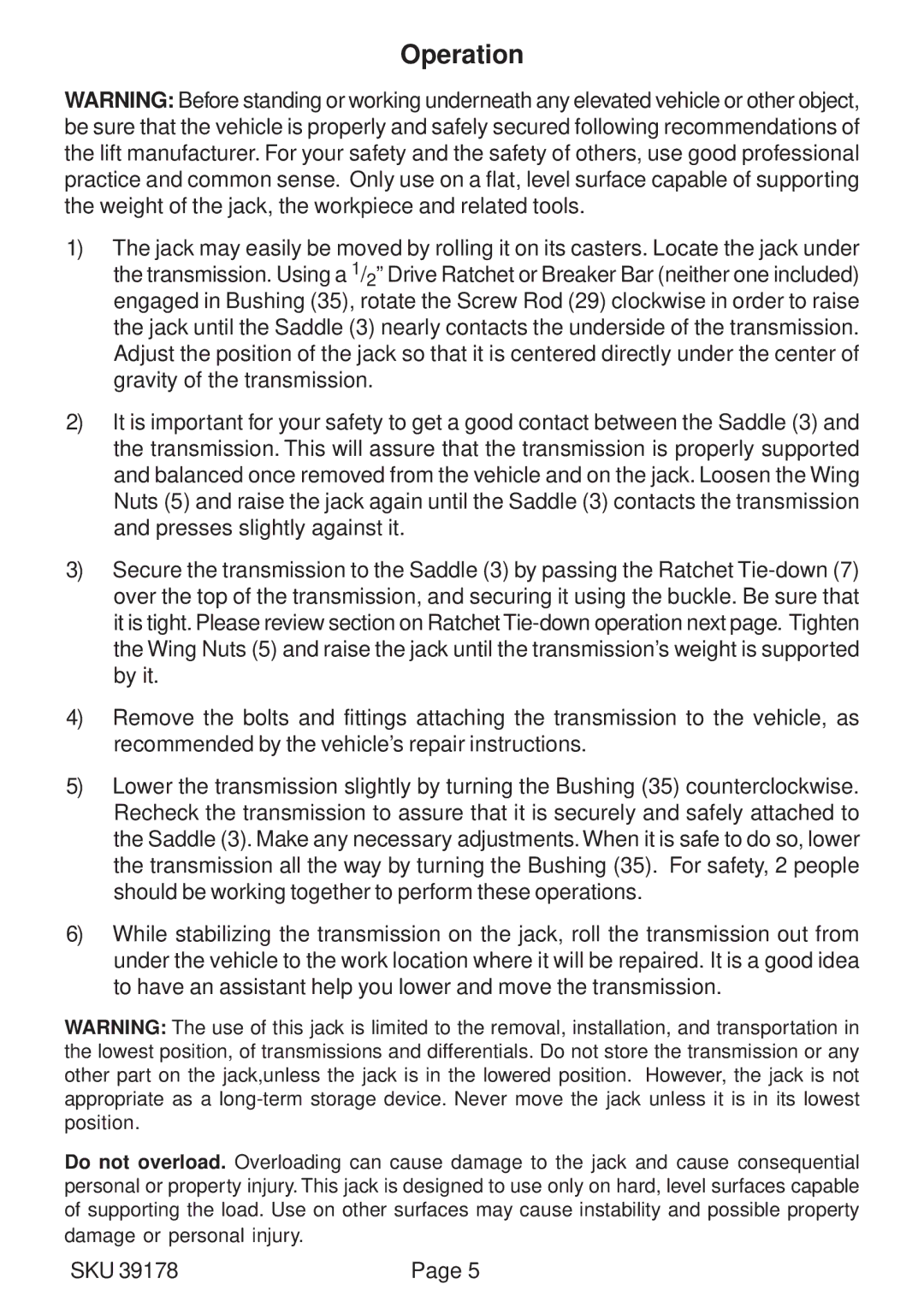 Harbor Freight Tools 39178 operating instructions Operation 