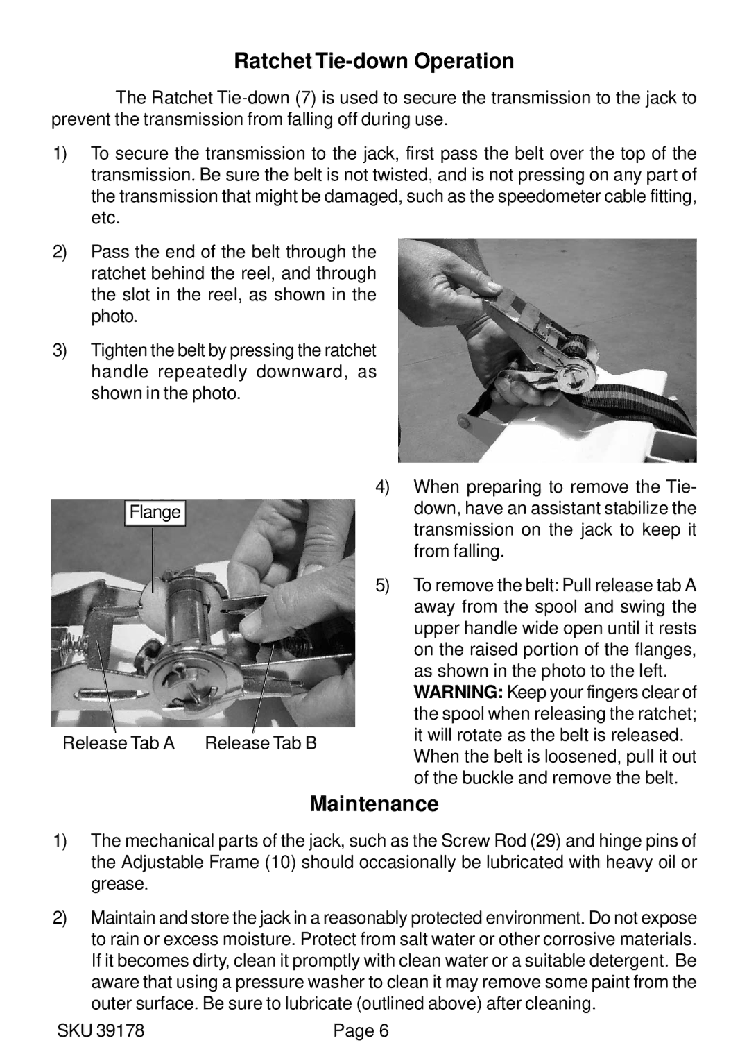 Harbor Freight Tools 39178 operating instructions Ratchet Tie-down Operation, Maintenance 