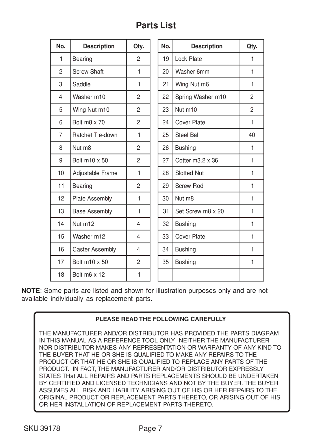 Harbor Freight Tools 39178 operating instructions Parts List, Description Qty 