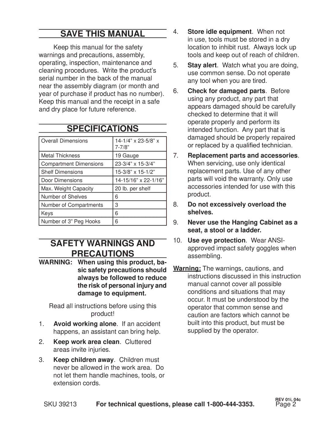 Harbor Freight Tools 39213 installation instructions Save This Manual, Specifications, Safety Warnings Precautions 