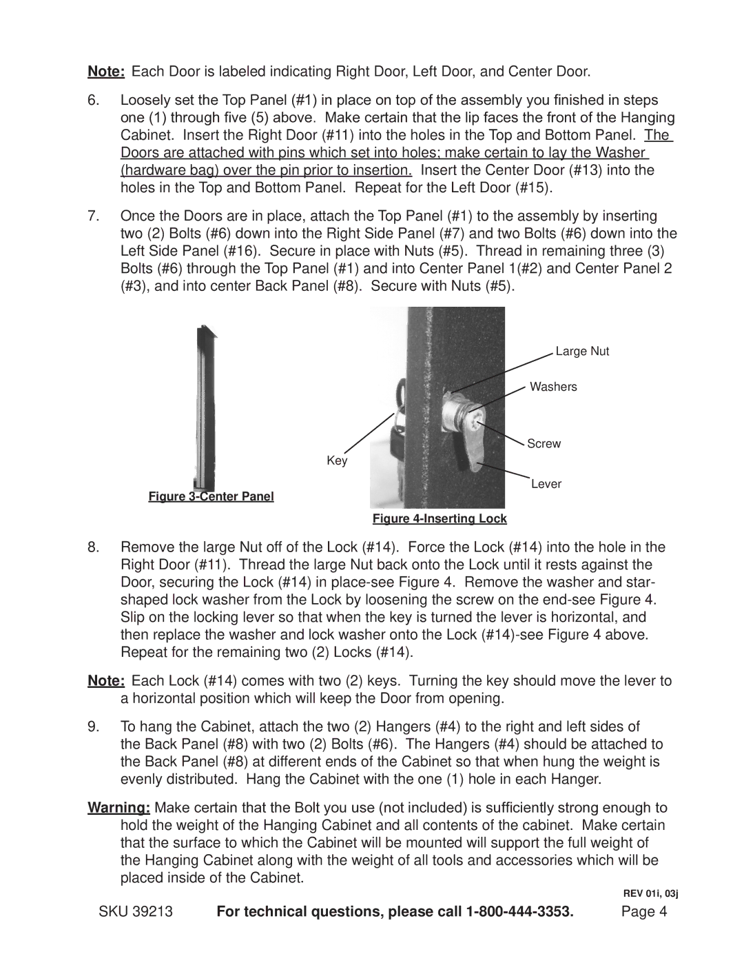 Harbor Freight Tools 39213 installation instructions Center Panel 