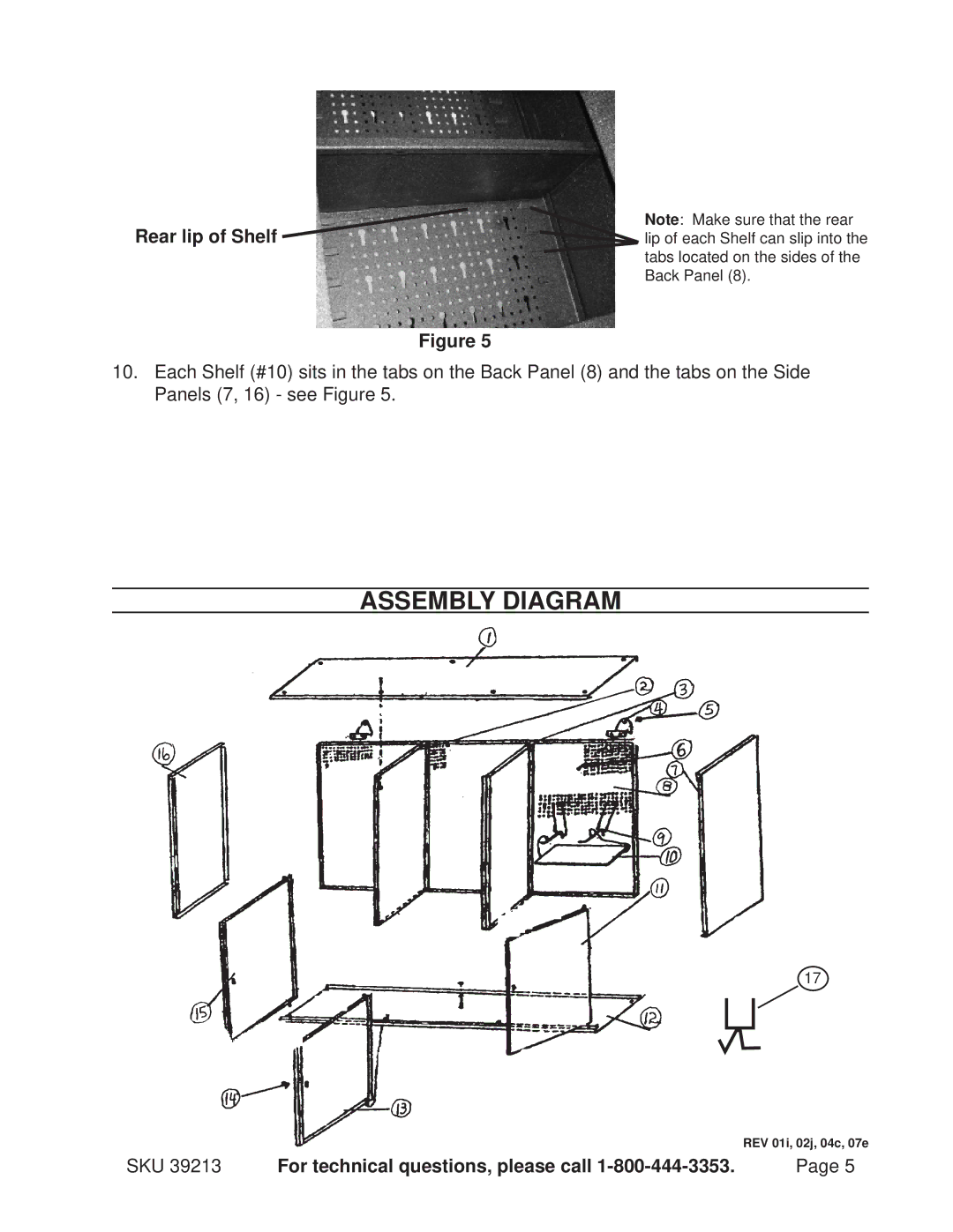 Harbor Freight Tools 39213 installation instructions Assembly Diagram, Rear lip of Shelf 