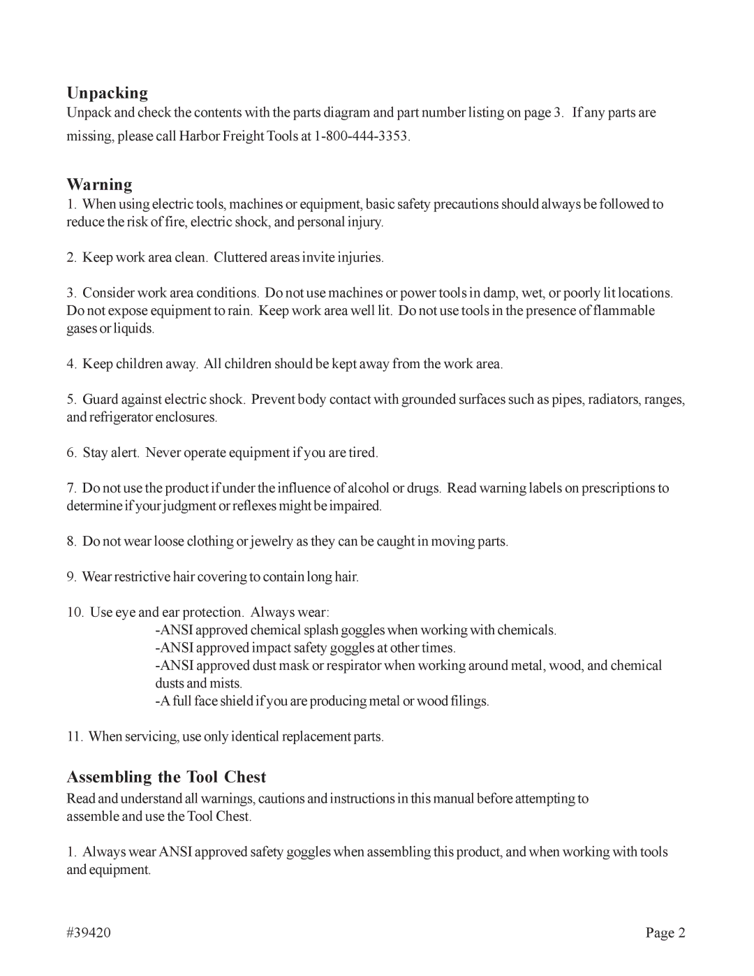 Harbor Freight Tools 39420 technical specifications Unpacking, Assembling the Tool Chest 