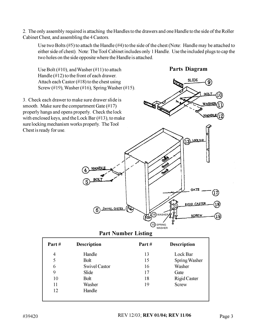 Harbor Freight Tools 39420 technical specifications Part Number Listing, Description, REV 12/03 REV 01/04 REV 11/06 