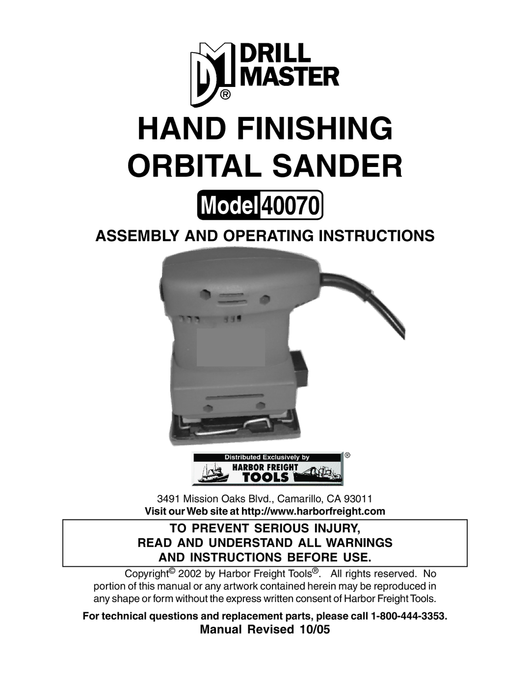 Harbor Freight Tools 40070 operating instructions Hand Finishing Orbital Sander 