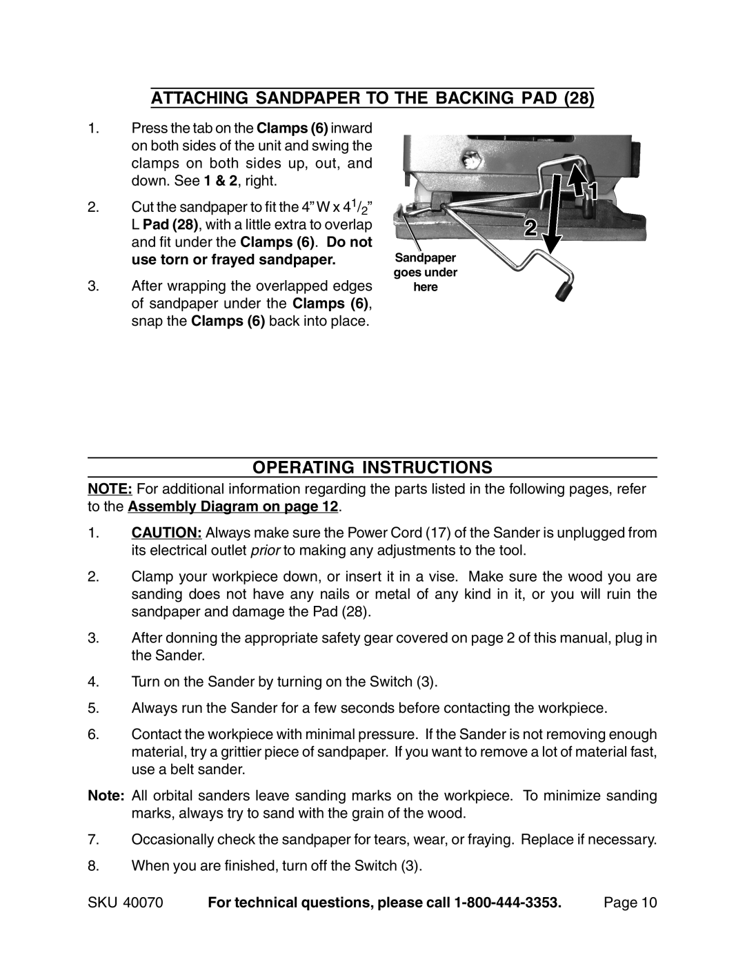 Harbor Freight Tools 40070 operating instructions Attaching Sandpaper to the Backing PAD, Operating Instructions 