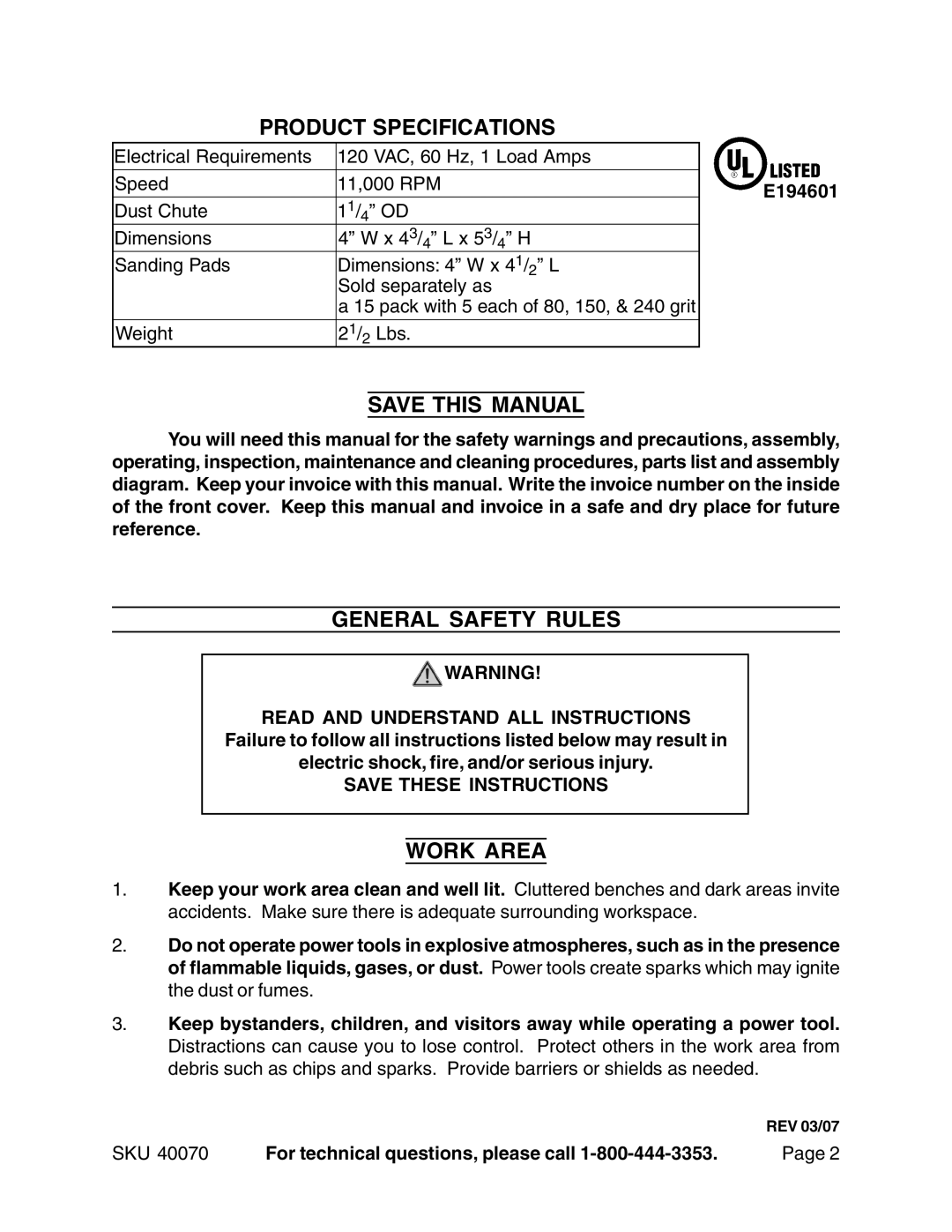 Harbor Freight Tools 40070 operating instructions Product Specifications, Save this Manual, General Safety Rules, Work Area 