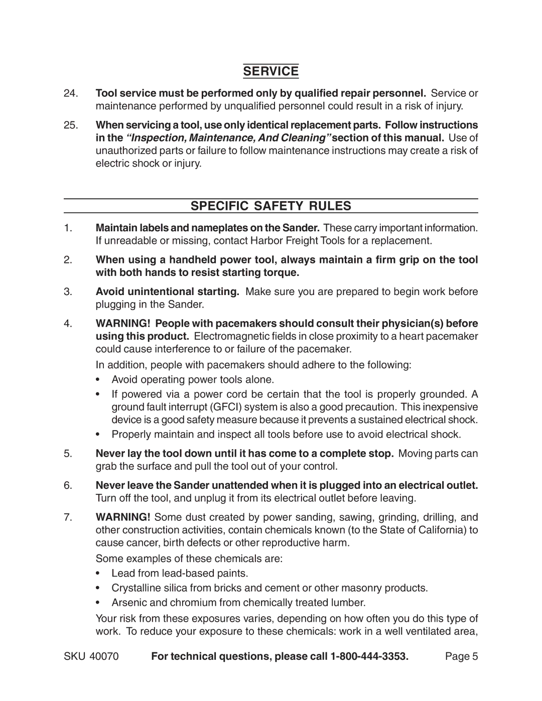 Harbor Freight Tools 40070 operating instructions Service, Specific Safety Rules 