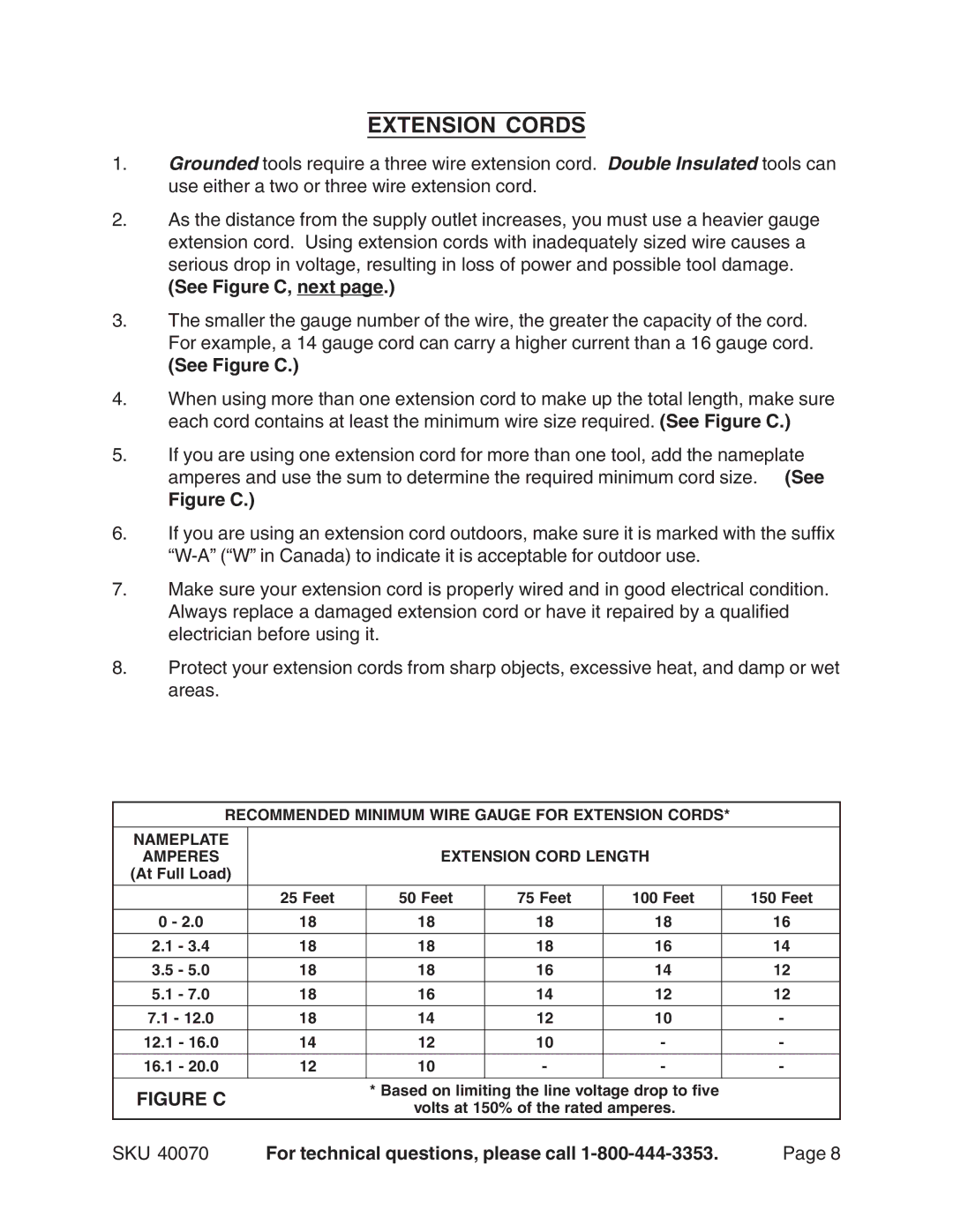 Harbor Freight Tools 40070 operating instructions Extension Cords, See Figure C, next 