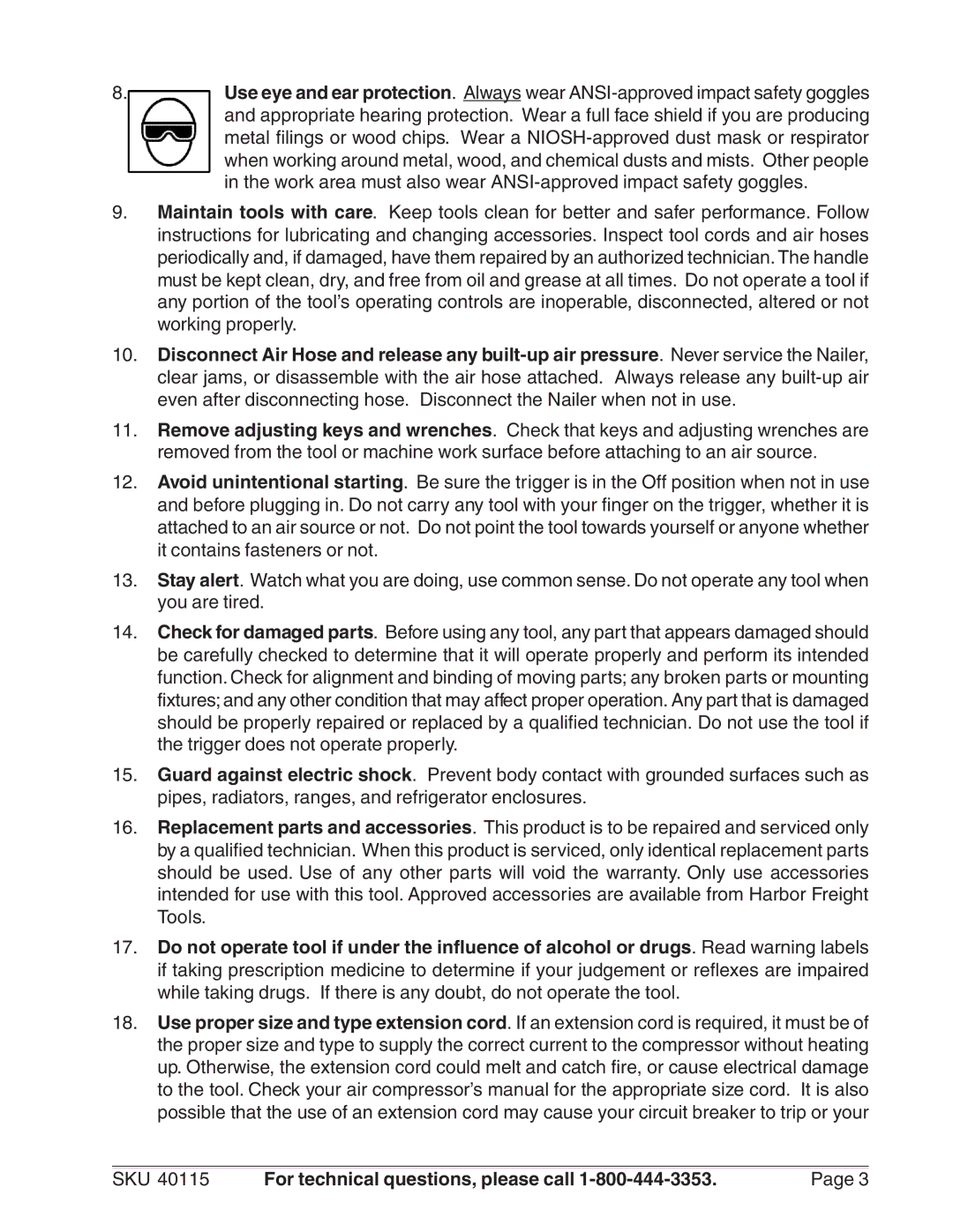 Harbor Freight Tools 40115 operating instructions SKU For technical questions, please call 