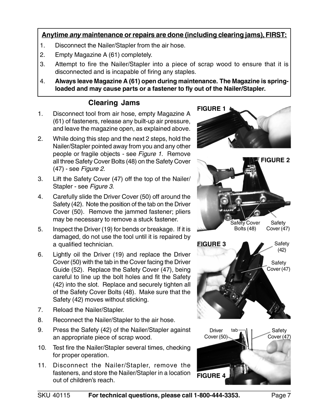 Harbor Freight Tools 40115 operating instructions Clearing Jams, See Figure 