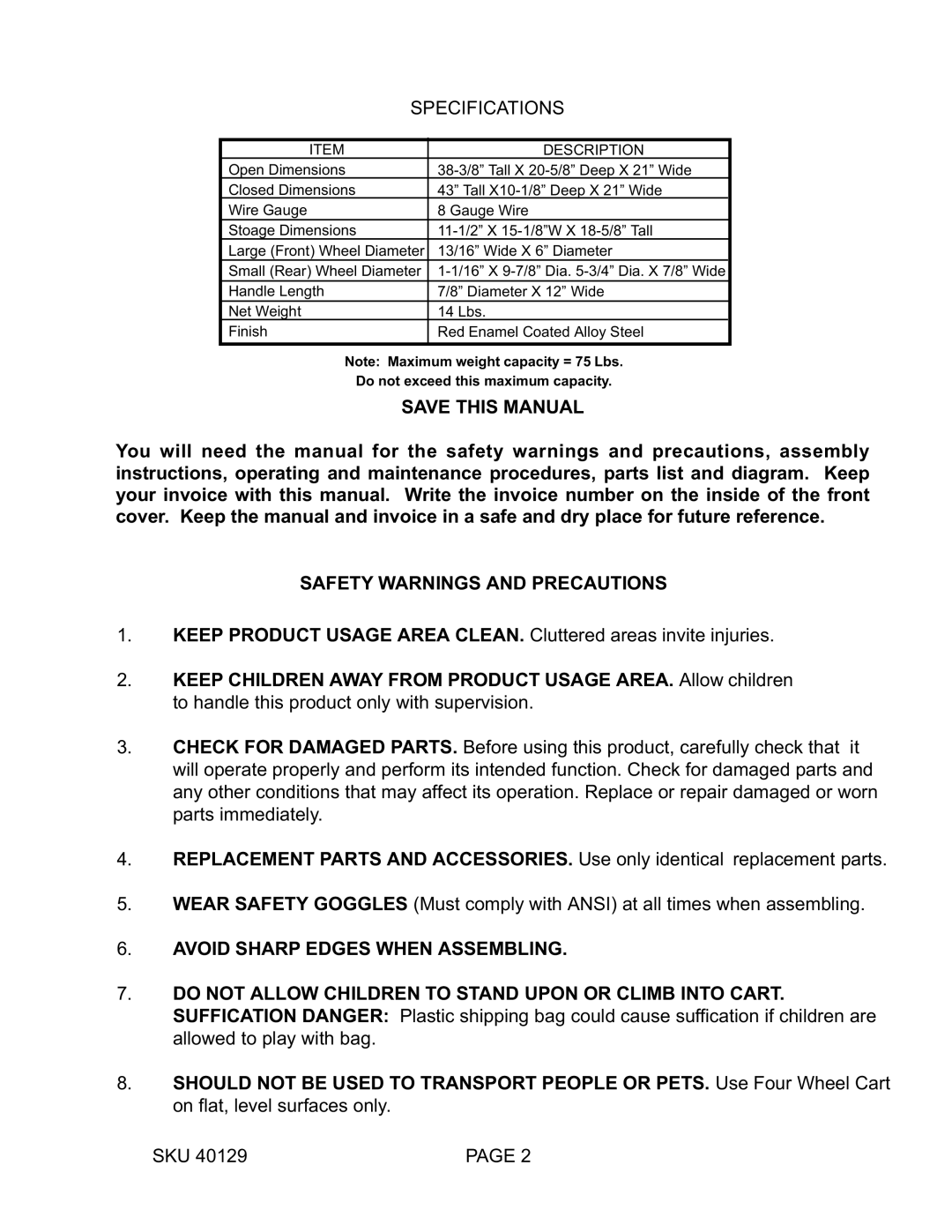 Harbor Freight Tools 40129 manual Specifications, Save this Manual, Safety Warnings and Precautions 