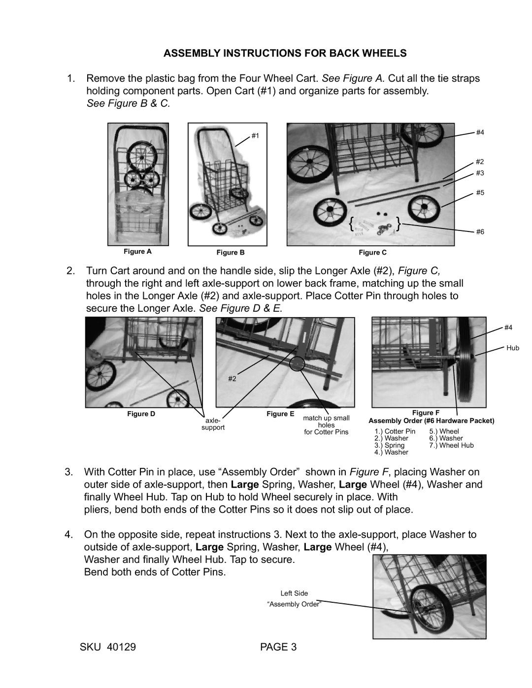 Harbor Freight Tools 40129 manual Assembly Instructions for Back Wheels, Figure a 