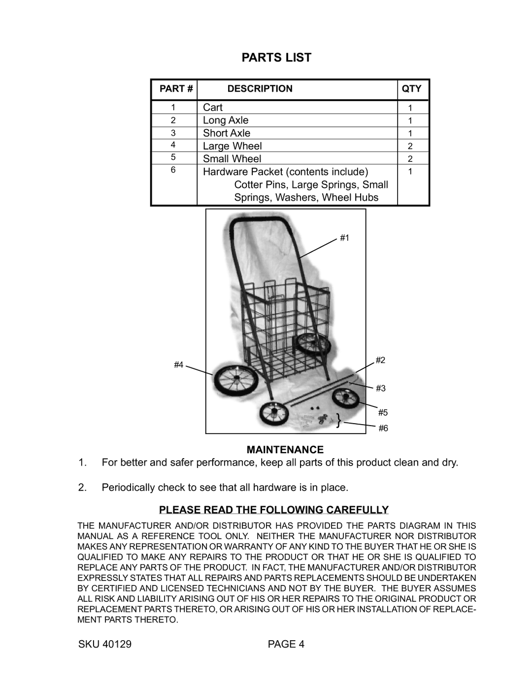 Harbor Freight Tools 40129 manual Maintenance, Please Read the Following Carefully 