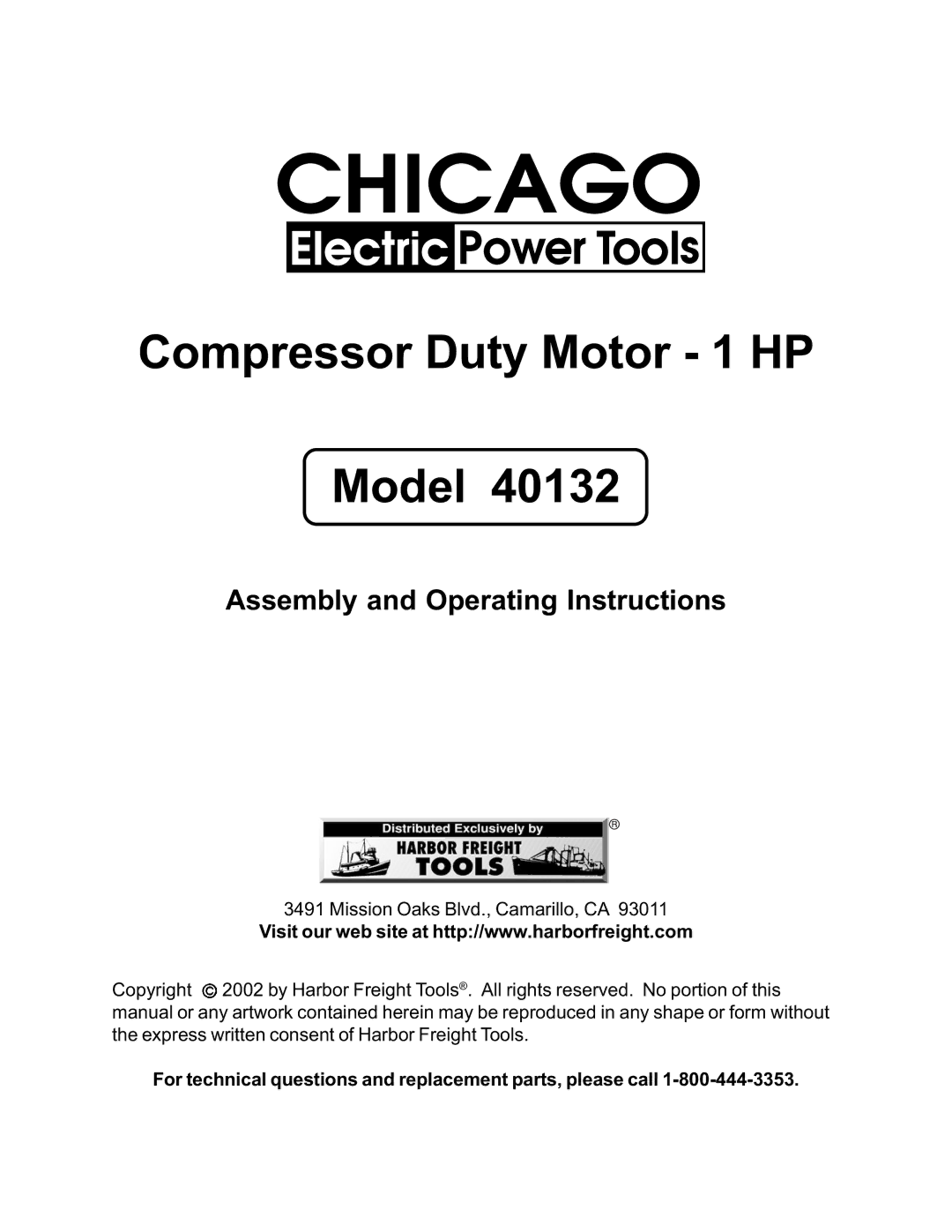 Harbor Freight Tools 40132 operating instructions Compressor Duty Motor 1 HP Model 