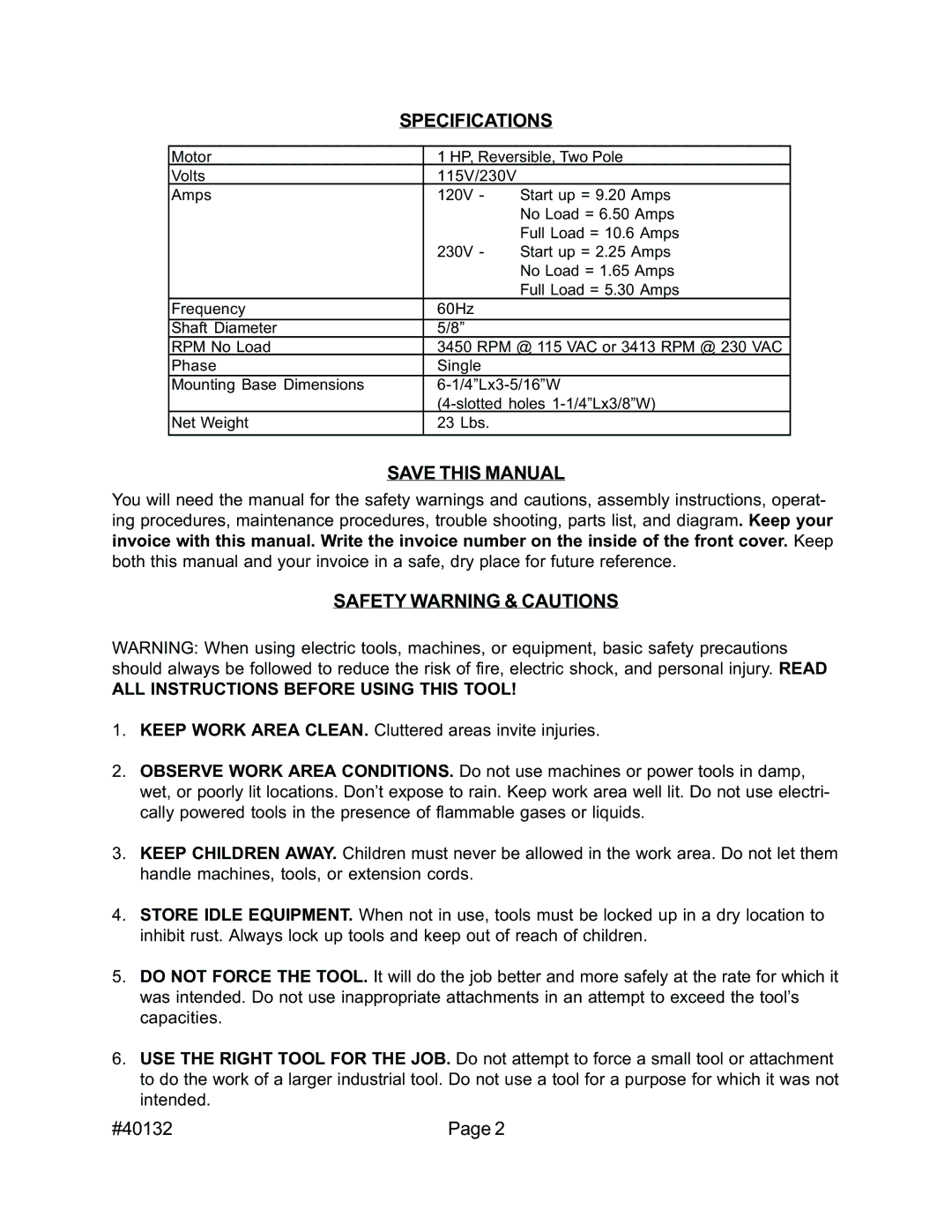 Harbor Freight Tools 40132 operating instructions Specifications, Save this Manual, Safety Warning & Cautions 