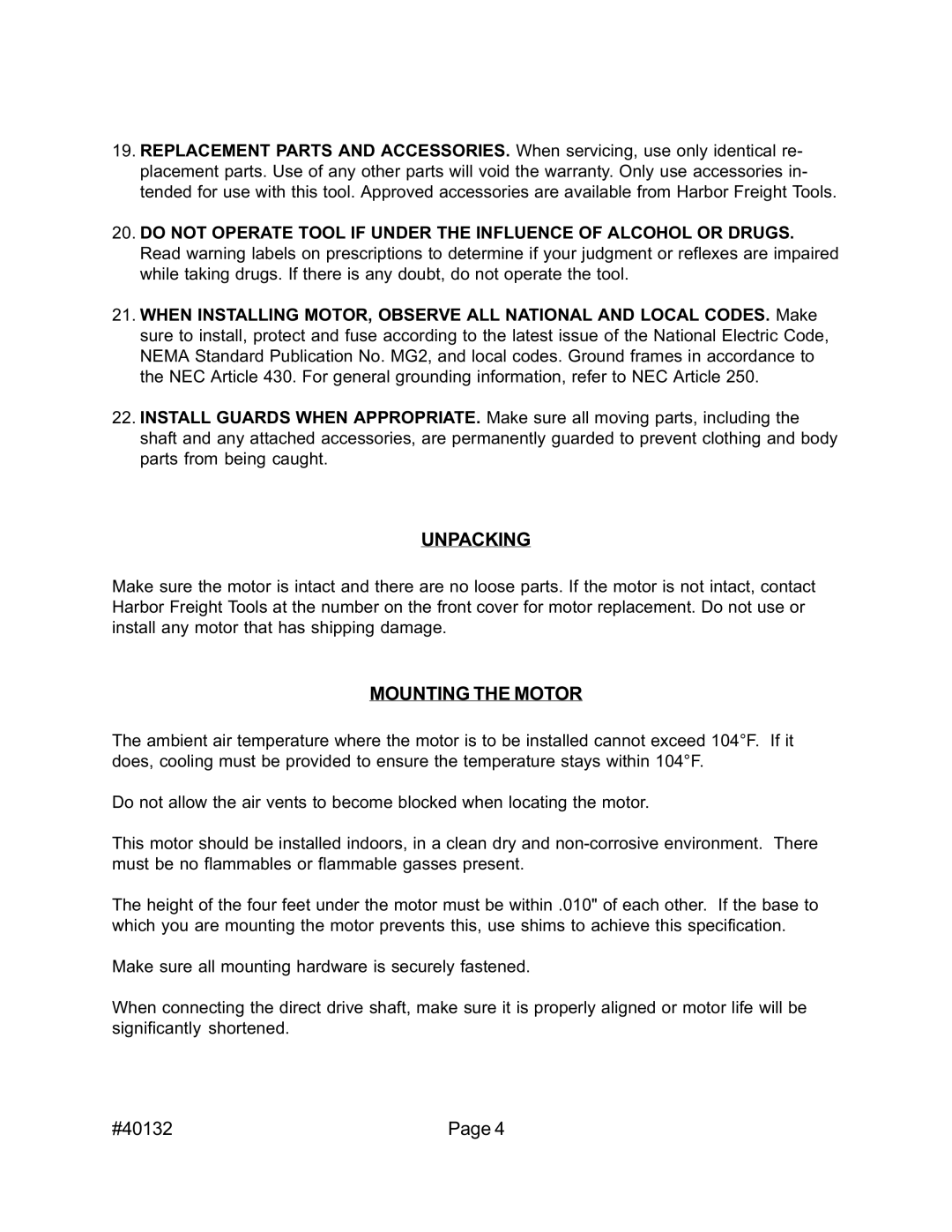 Harbor Freight Tools 40132 operating instructions Unpacking, Mounting the Motor 