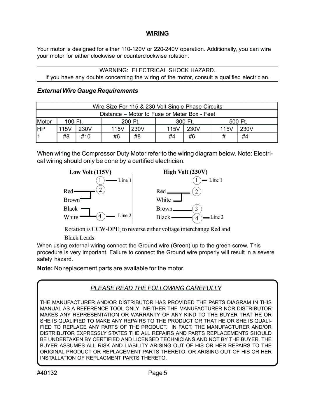 Harbor Freight Tools 40132 operating instructions Wiring, Please Read the Following Carefully 