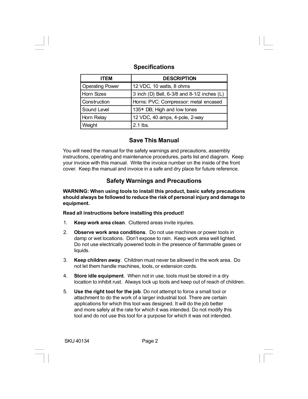 Harbor Freight Tools 40134 operating instructions Specifications Save This Manual, Safety Warnings and Precautions 