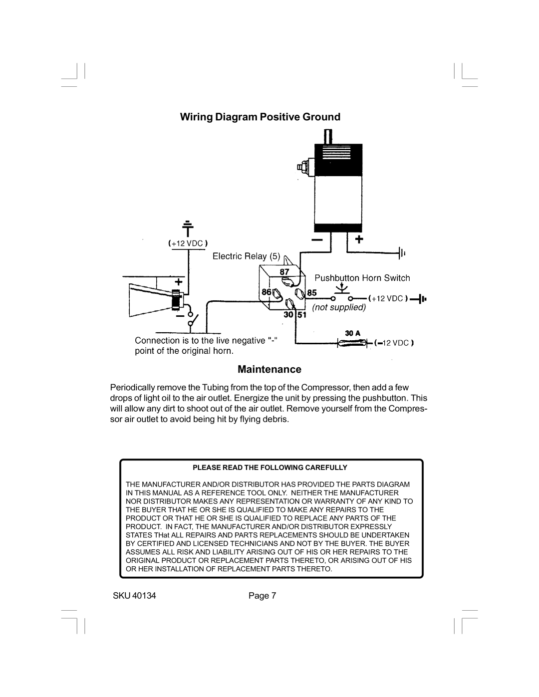 Harbor Freight Tools 40134 Wiring Diagram Positive Ground Maintenance, Please Read the Following Carefully 