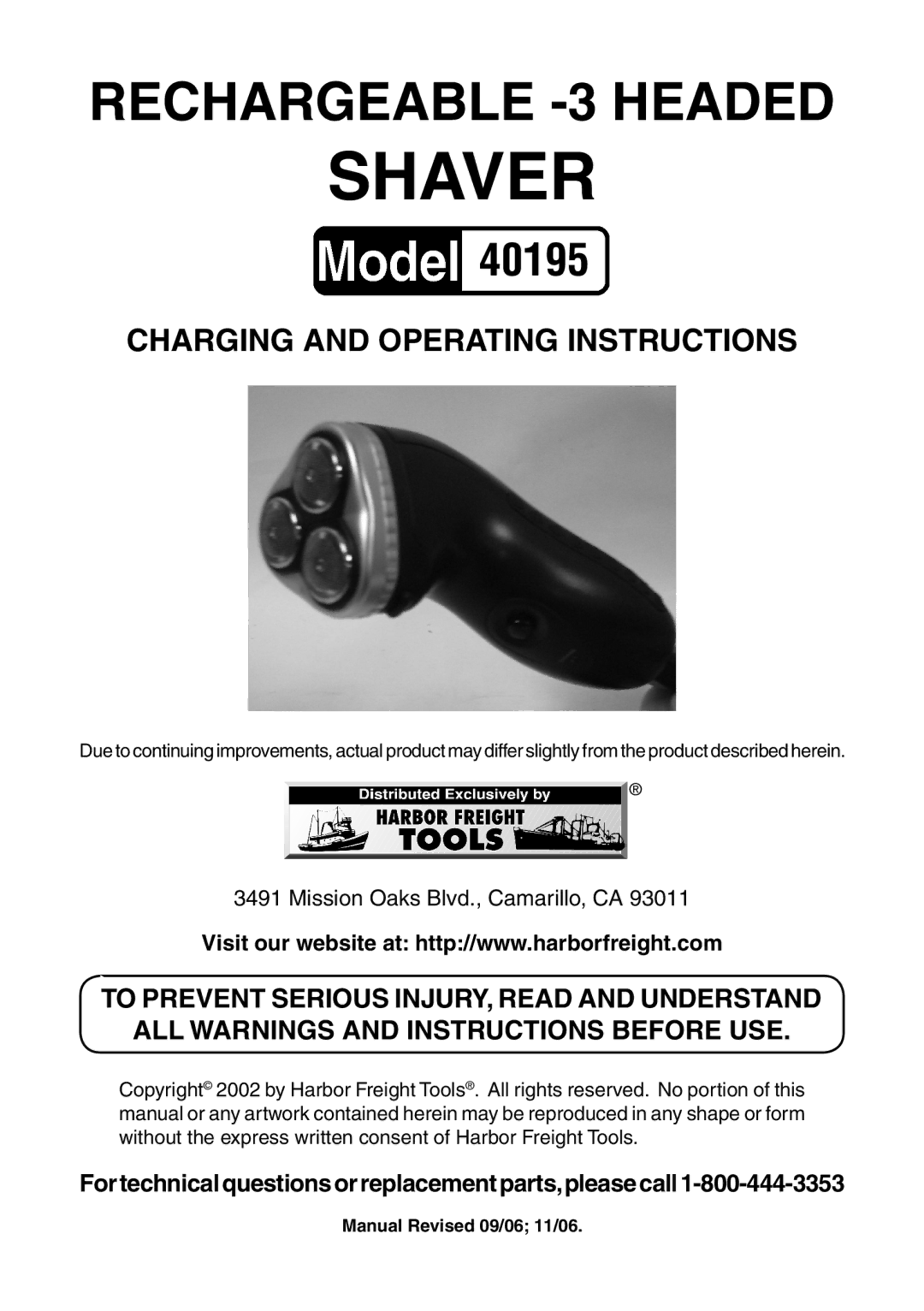 Harbor Freight Tools 40195 operating instructions Shaver, Charging And Operating Instructions 