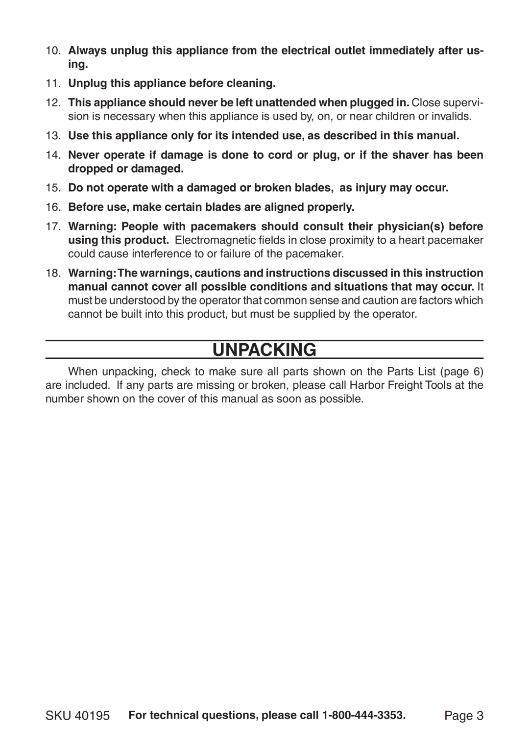 Harbor Freight Tools 40195 operating instructions Unpacking 