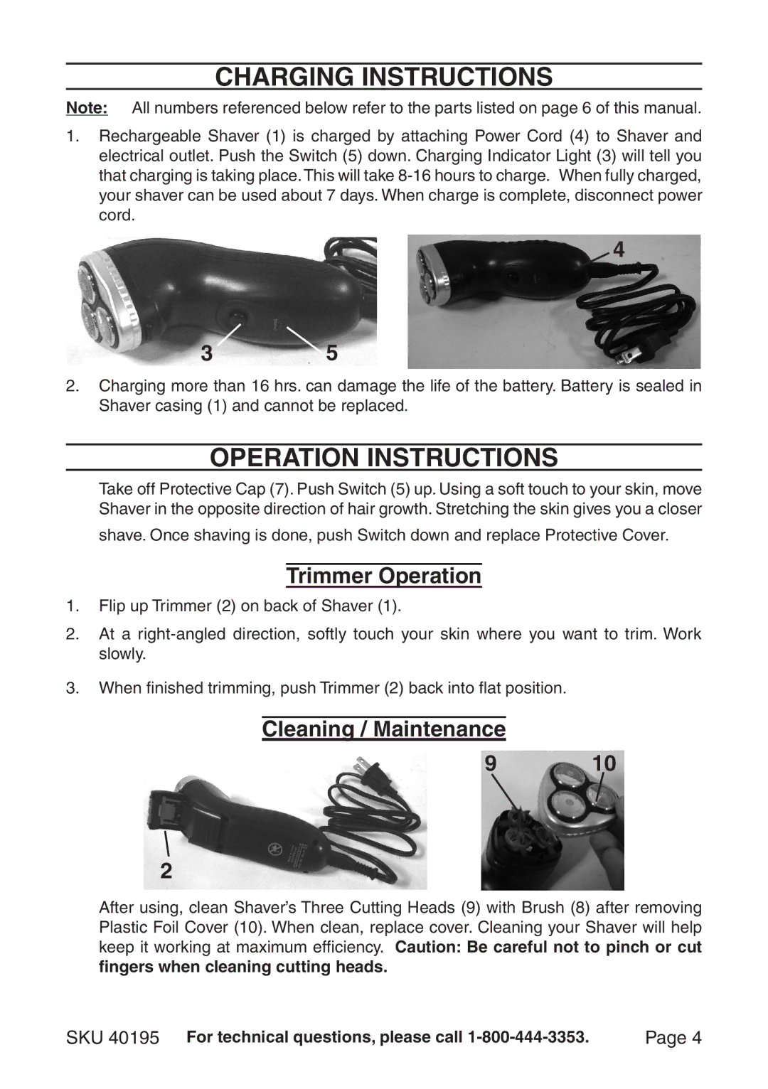 Harbor Freight Tools 40195 operating instructions Charging Instructions, Operation Instructions 