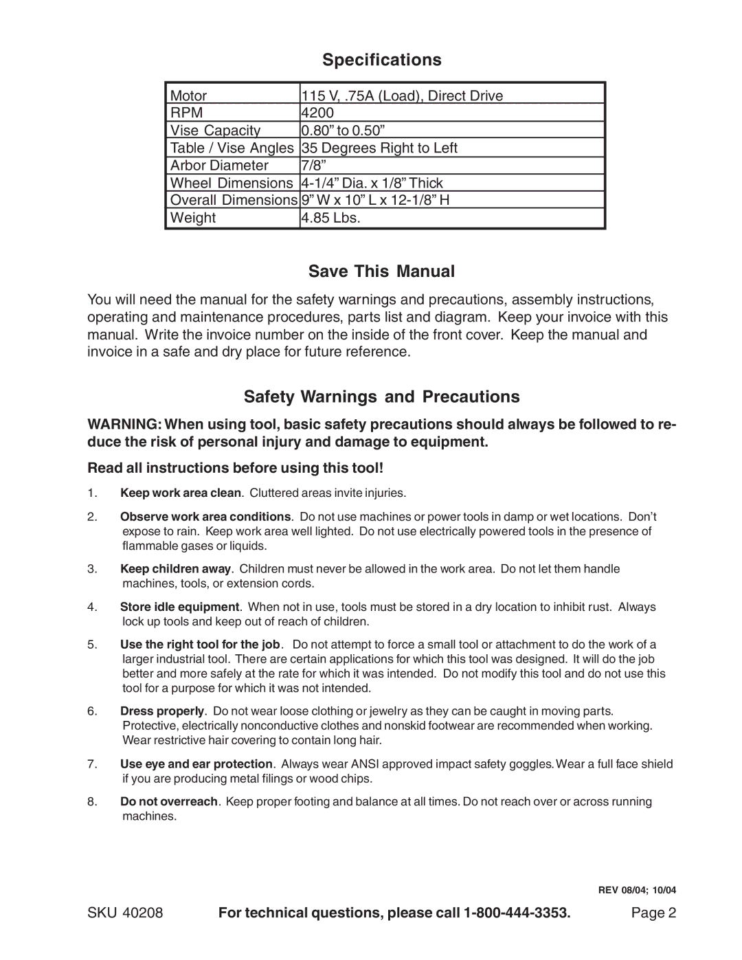 Harbor Freight Tools 40208 manual Specifications, Save This Manual, Safety Warnings and Precautions 