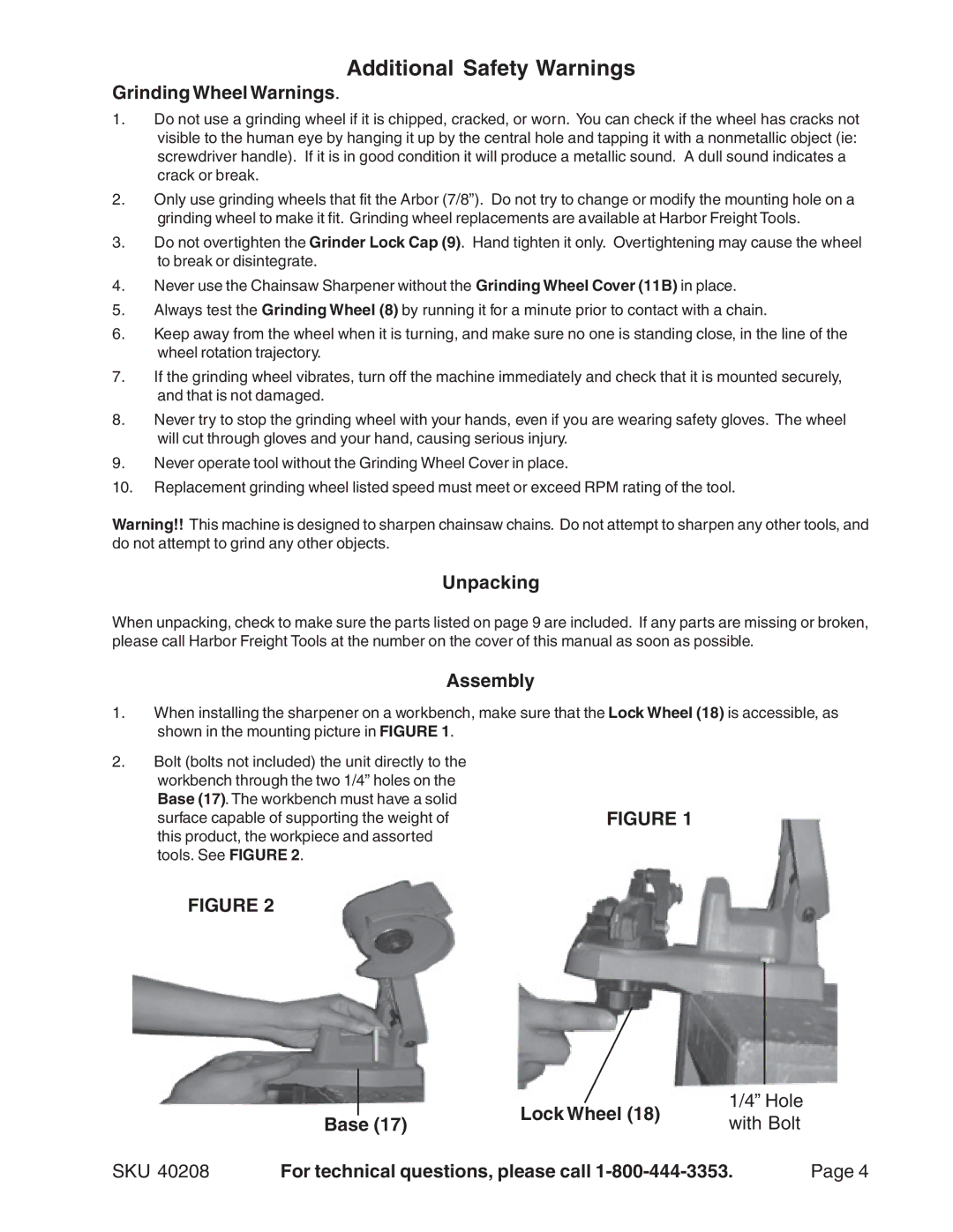 Harbor Freight Tools 40208 manual Additional Safety Warnings, Grinding Wheel Warnings, Unpacking, Assembly 