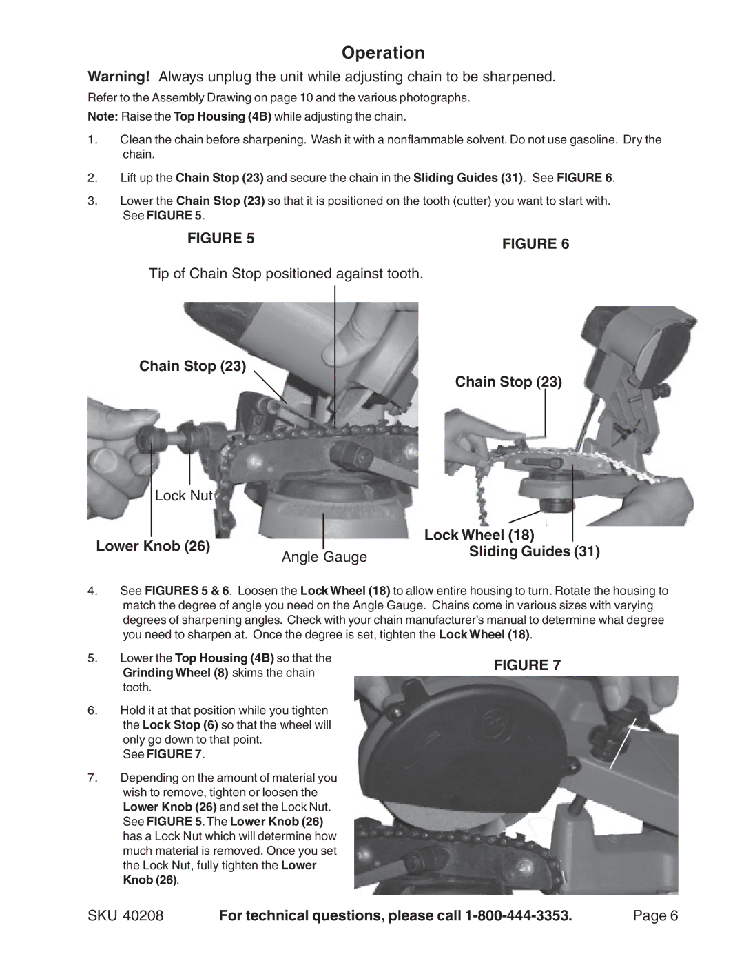 Harbor Freight Tools 40208 manual Operation, Grinding Wheel 8 skims the chain tooth 