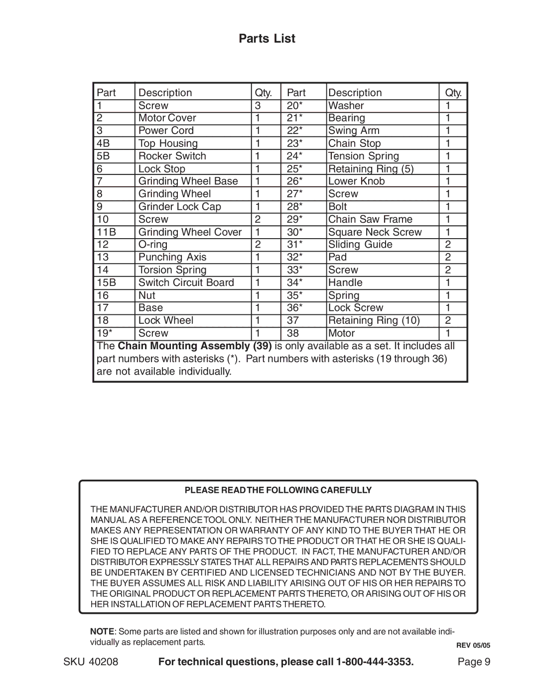 Harbor Freight Tools 40208 manual Parts List, Please Readthe Following Carefully 