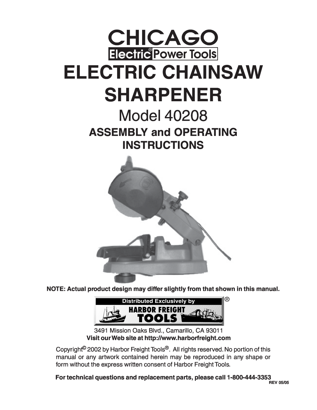 Harbor Freight Tools 40208 manual Electric Chainsaw Sharpener, Model, ASSEMBLY and OPERATING INSTRUCTIONS 