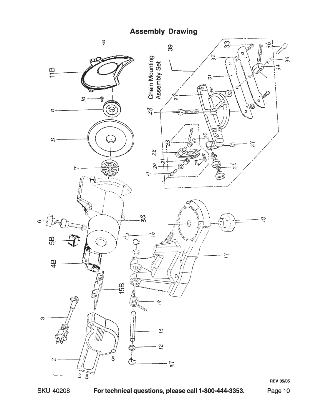 Harbor Freight Tools 40208 manual Assembly Drawing, Chain Mounting Assembly Set, For technical questions, please call, Page 