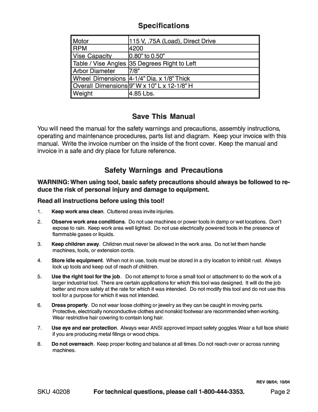 Harbor Freight Tools 40208 manual Specifications, Save This Manual, Safety Warnings and Precautions 