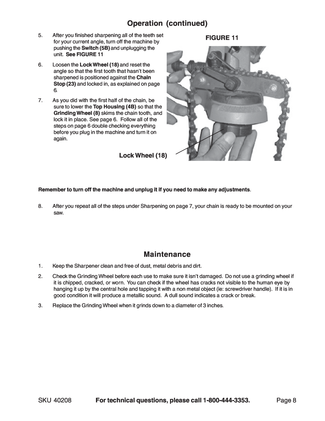 Harbor Freight Tools 40208 manual Maintenance, Operation continued, Lock Wheel, For technical questions, please call, Page 