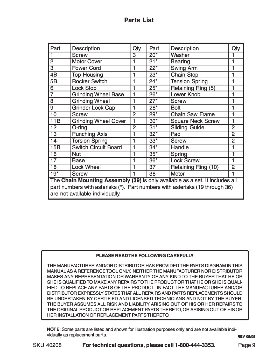 Harbor Freight Tools 40208 manual Parts List, For technical questions, please call 