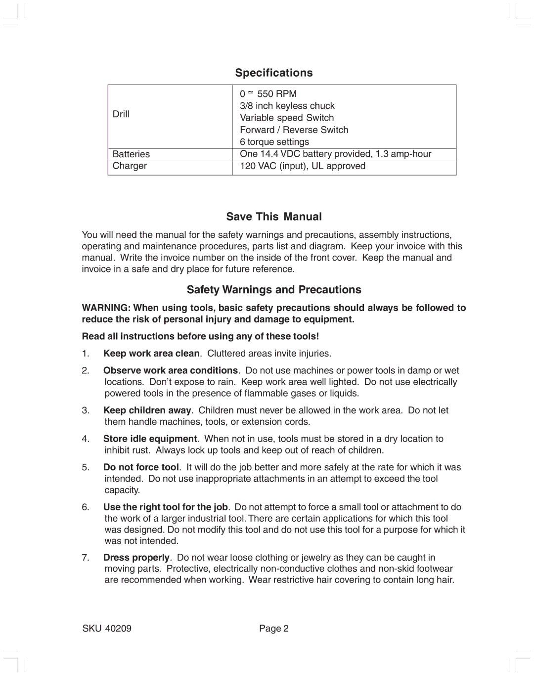 Harbor Freight Tools 40209 operating instructions Specifications, Save This Manual, Safety Warnings and Precautions 