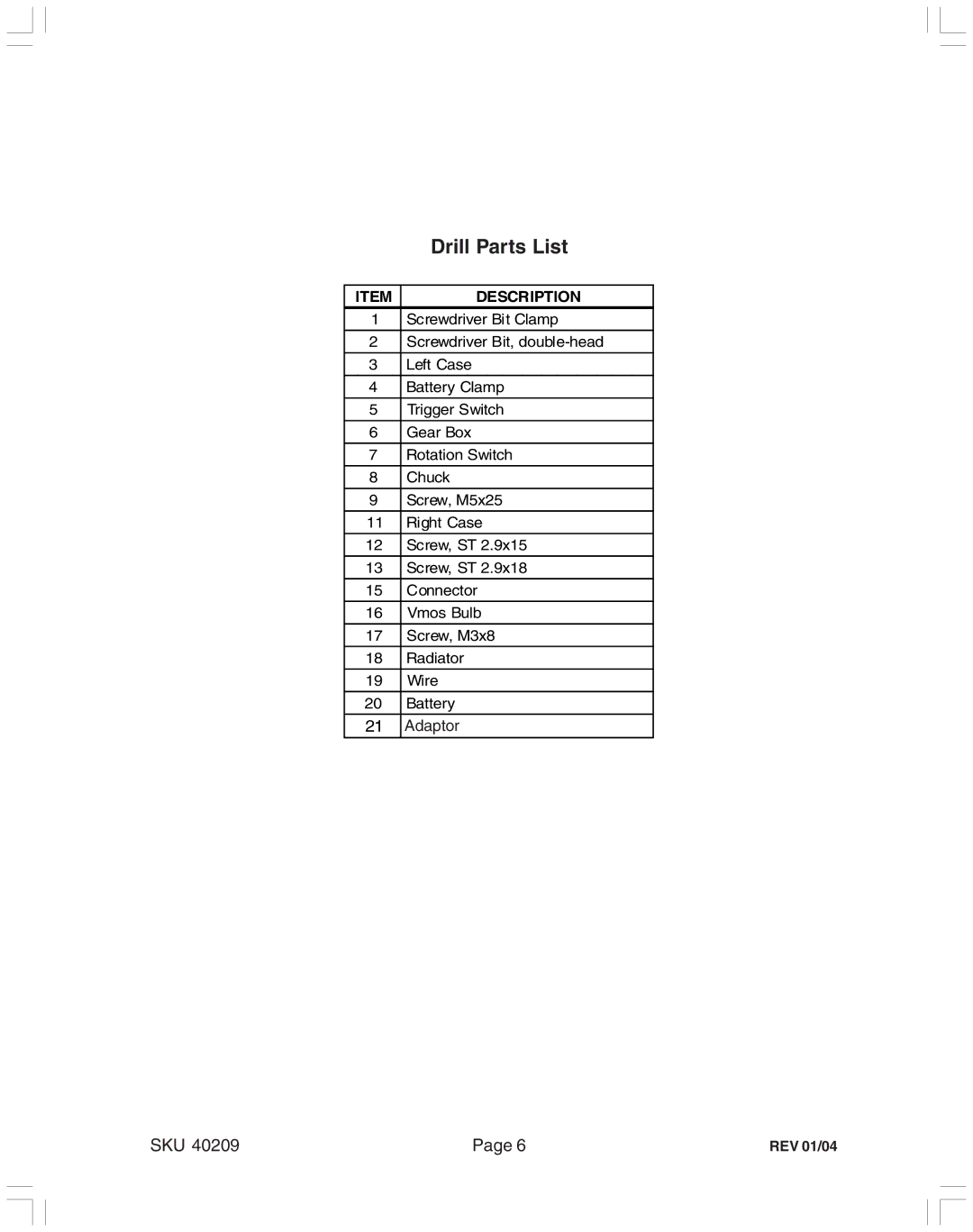 Harbor Freight Tools 40209 operating instructions Drill Parts List, Description 