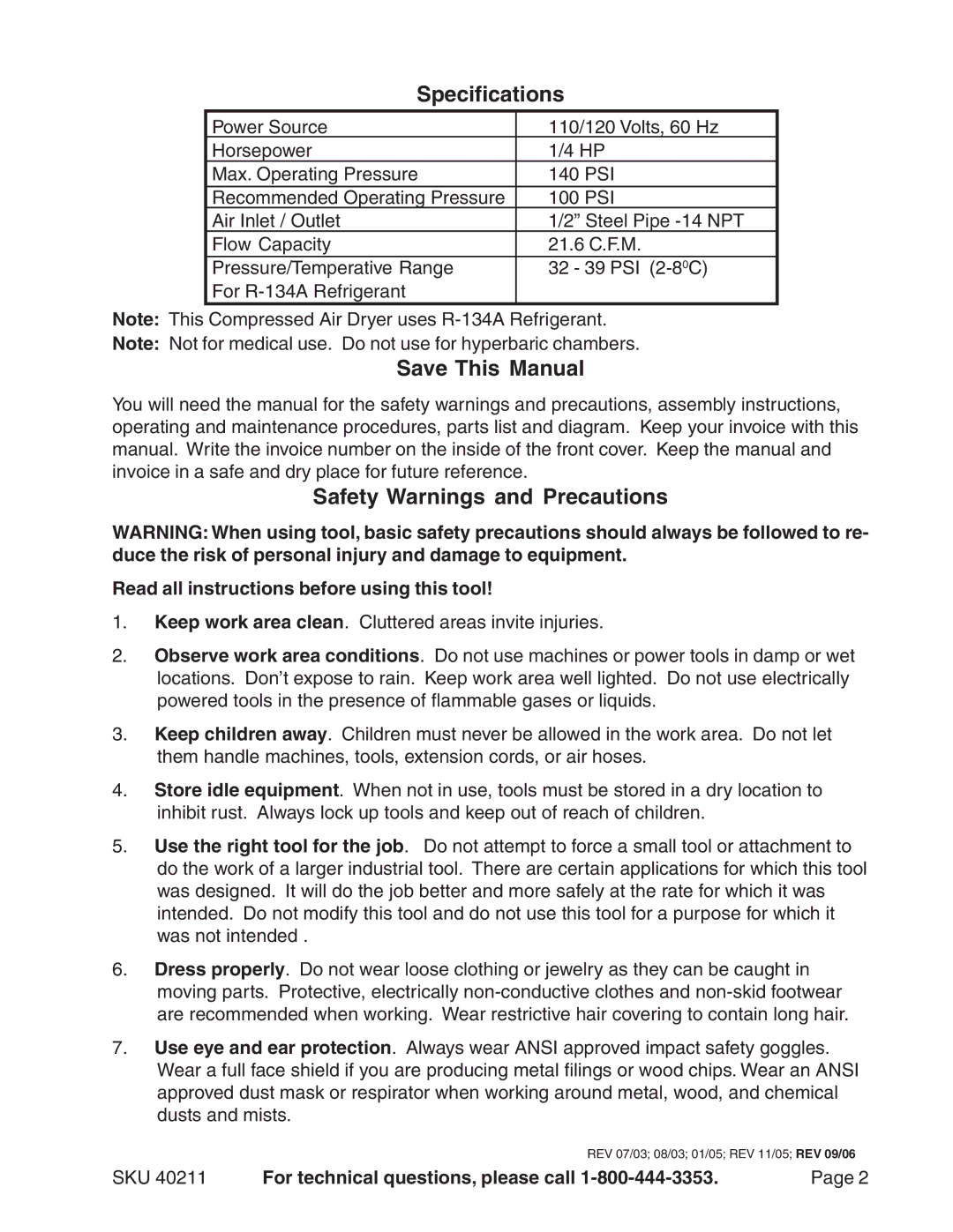 Harbor Freight Tools 40211 operating instructions Specifications, Save This Manual, Safety Warnings and Precautions 